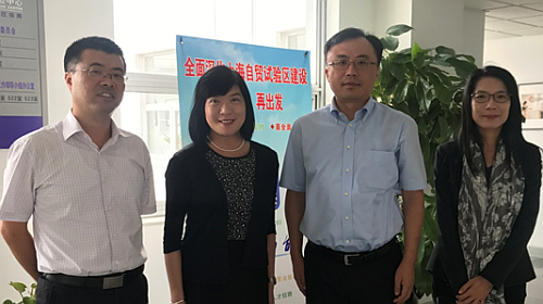 駐滬辦鄧主任（左二）一行與王櫻局長（右二）、浦東新區金融服務局經濟社會發展服務處副處長丁俊。