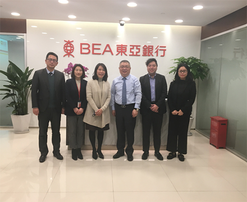 駐浙江聯絡處主任廖鳳嫻（左三）與東亞銀行杭州分行行長強振宇（右三）合影。