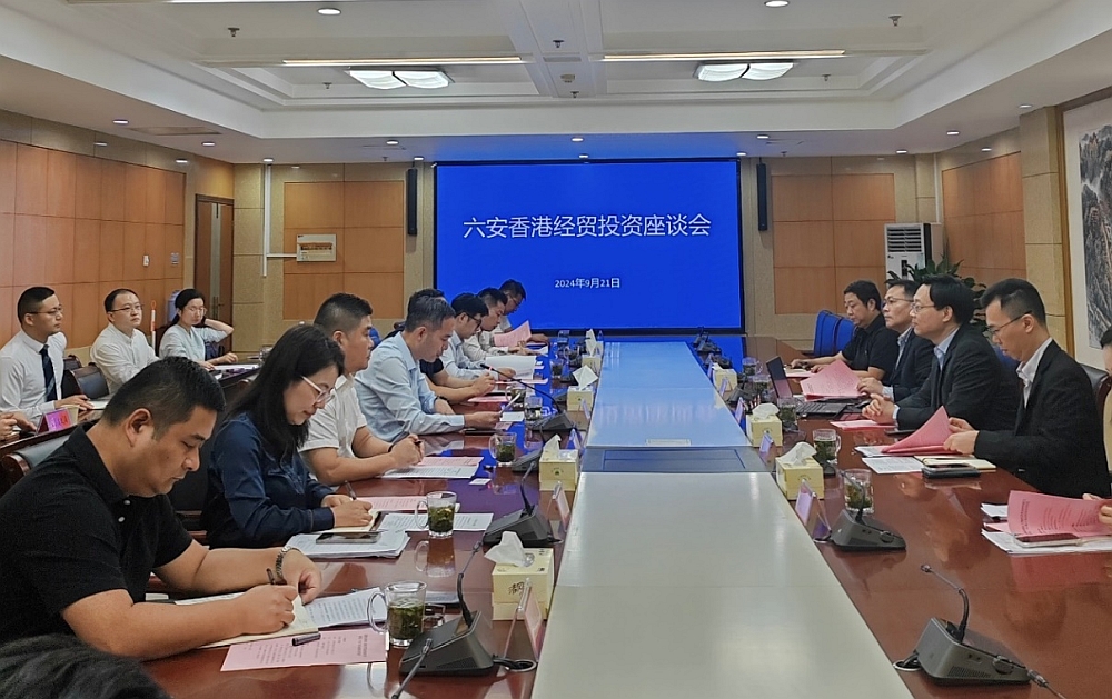 駐滬辦副主任林景富（右二）與六安市政府副秘書長、市政府辦公室（市政府外事辦）主任劉正旺（前排左四）、六安市相關經貿部門領導及當地企業代表座談交流